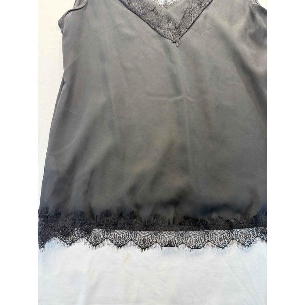 Womens Black Satin Eyelash Lace Trim V-Neck Camisole Tank Top Size XL Polyester - Picture 2 of 4